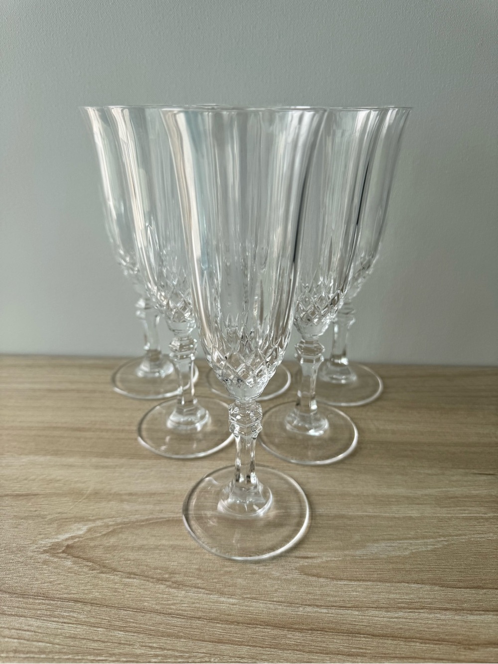 Set of 6 Vintage Crystal Champagne Flutes 8” Cut Glass Wedding Toasts
